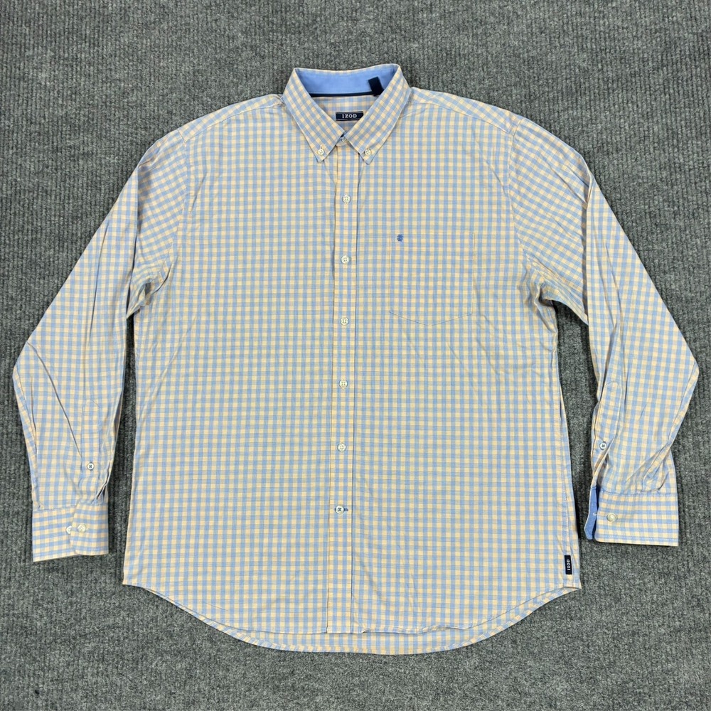 IZOD Button Down Shirt Mens XL Blue Yellow Check Plaid Long Sleeve Easy Care